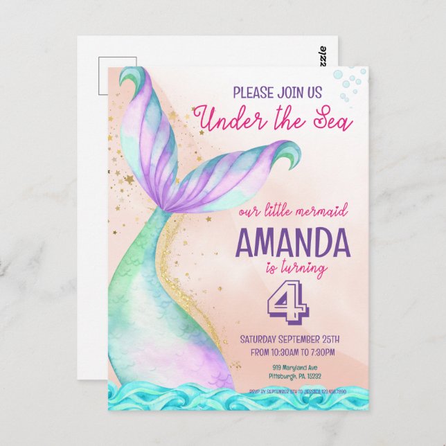 Mermaid tail Watercolor Birthday Under the Sea Postcard (Front/Back)