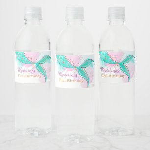 Mermaid Tail Watercolor Teal Green Girl Birthday Water Bottle Label