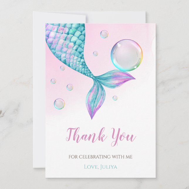 Mermaid Tail with bubbles Birthday Thank You Card (Front)