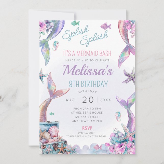 Mermaid Tails Birthday Party Invite Splish Splash (Front)