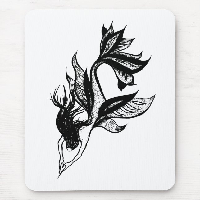 Mermaid Tattoo Style Stipple Shaded Ink Drawing Mouse Pad (Front)