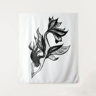 Mermaid Tattoo Style Stipple Shaded Ink Drawing Tapestry