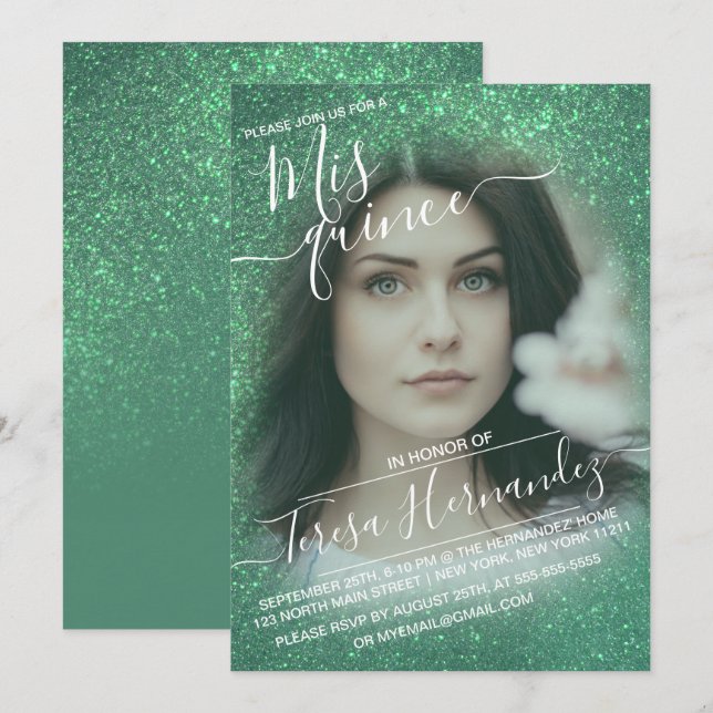 Mermaid Teal Sparkly Glitter Photo Quinceañera Invitation (Front/Back)