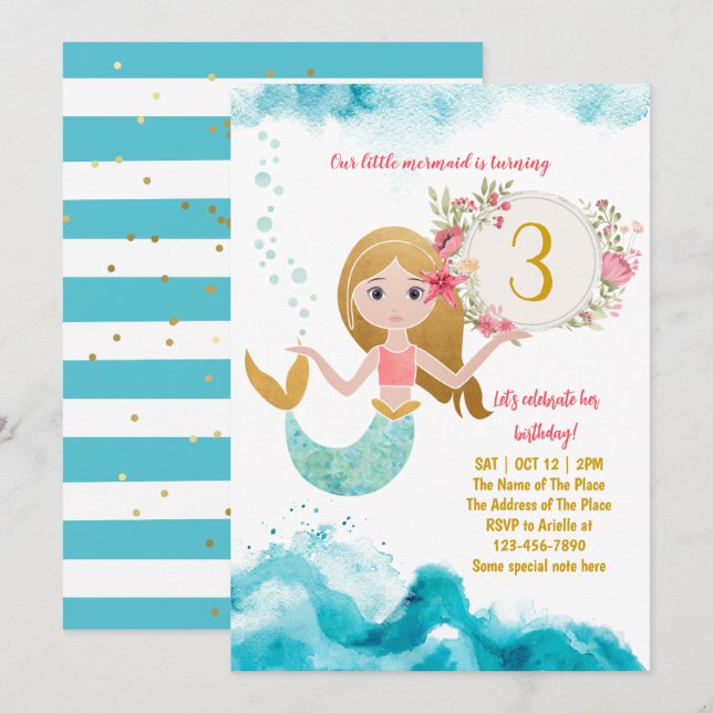 Mermaid Theme Under The Sea Baby Girl 3rd Birthday Invitation (Front/Back)