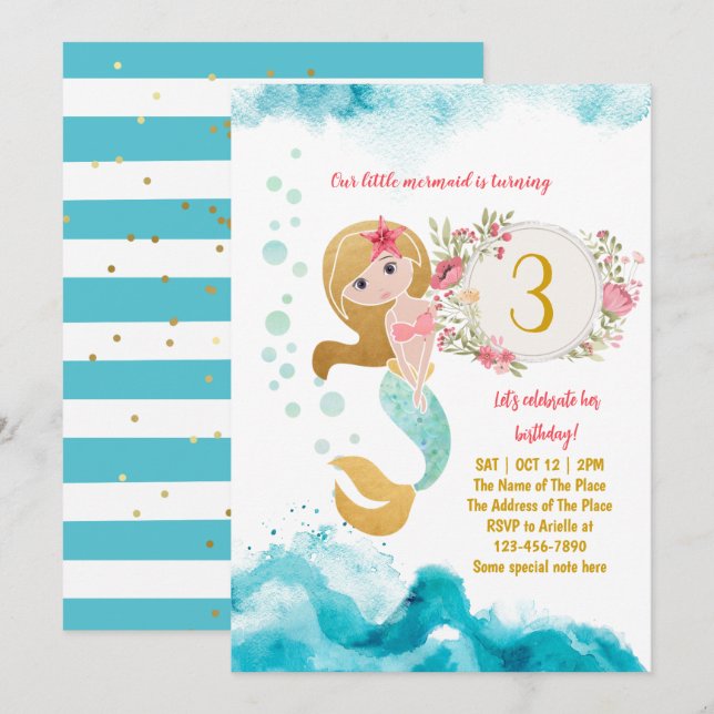 Mermaid Theme Under The Sea Baby Girl 3rd Birthday Invitation (Front/Back)