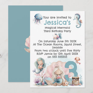 Mermaid Themed 3rd Birthday Invitation