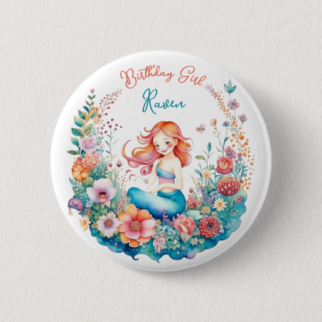 Mermaid Themed Girl's Birthday Girl 2 Inch Round Button (Front)