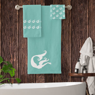 Mermaid Tidal Teal Blue and White Bath Towel Set