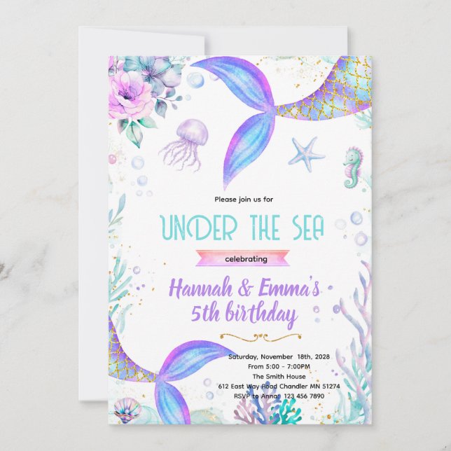 Mermaid twins party invitation (Devant)