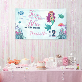 Mermaid Two into the Blue Girls 2nd Birthday Party Banner