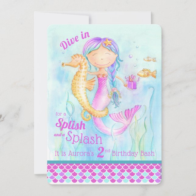Mermaid two year old birthday invitations (Front)