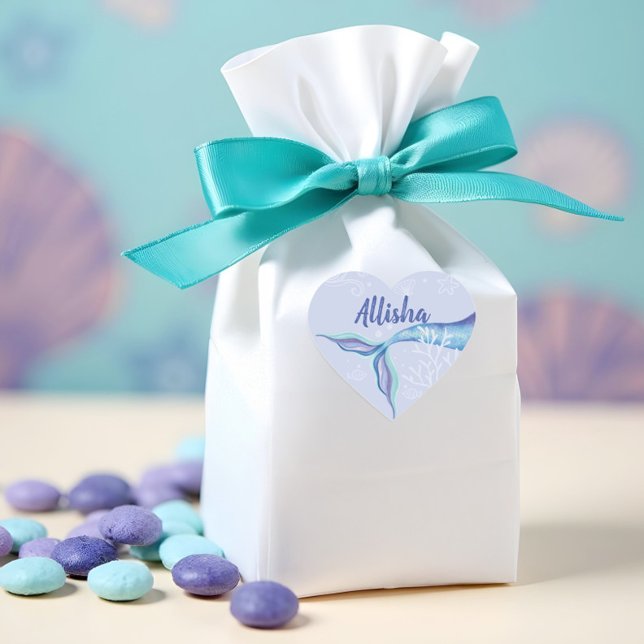 Mermaid Under The Ocean Blue & Purple Personalized Heart Sticker (Creator Uploaded)