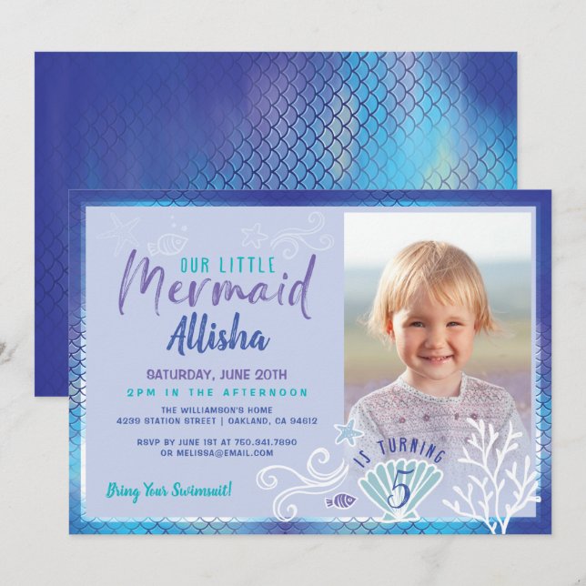 Mermaid Under The Ocean Blue & Purple Photo Invitation (Front/Back)