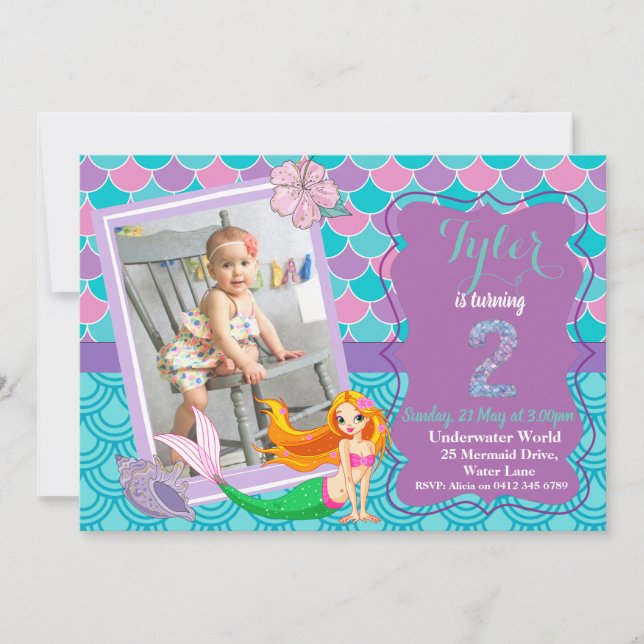 Mermaid Under the Sea 2nd Birthday invitation (Front)