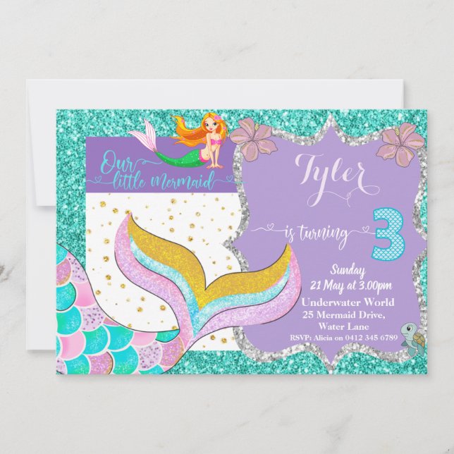 Mermaid Under the Sea 3e invitation anniversaire (Devant)