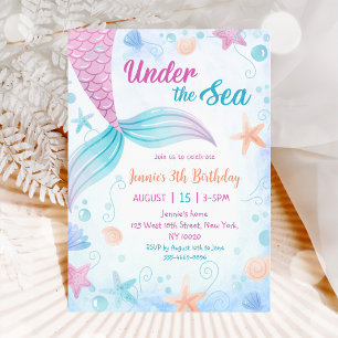Mermaid Under The Sea 3th Birthday Party Invitation