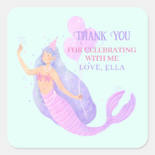 Mermaid Under the Sea Birthday Blue Thank you Square Sticker