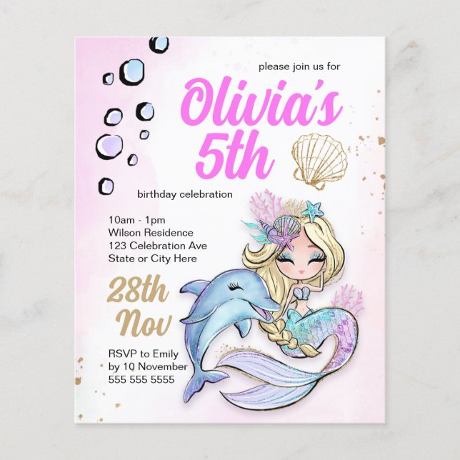 Mermaid Under the Sea Birthday Budget Invitation Flyer (Front)