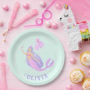 Mermaid Under the Sea Birthday Girl Age Blue Paper Plate