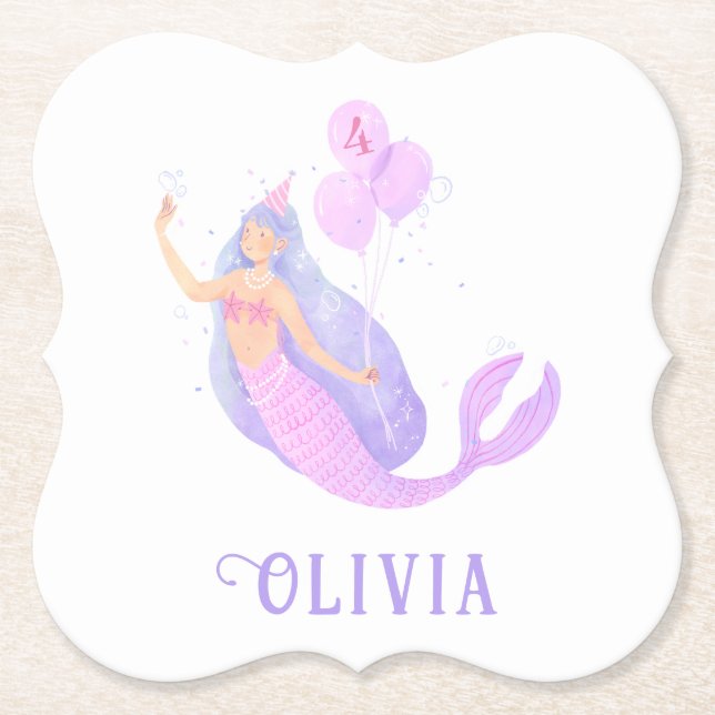 Mermaid Under the Sea Birthday Girl Age Pink Paper Coaster (Front)