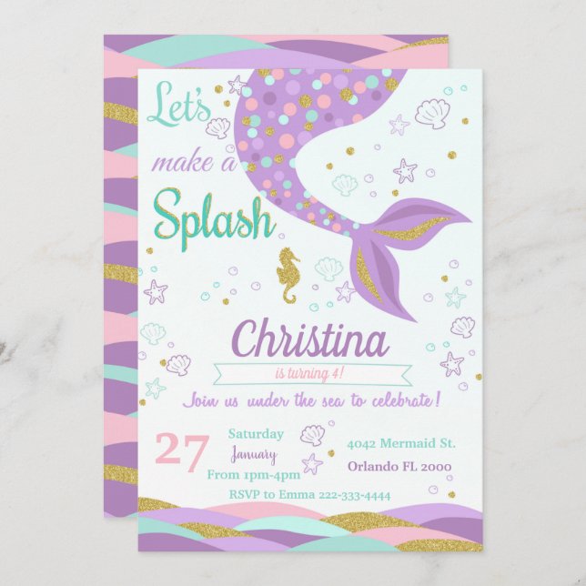 Mermaid Under The Sea Birthday Invitation (Front/Back)