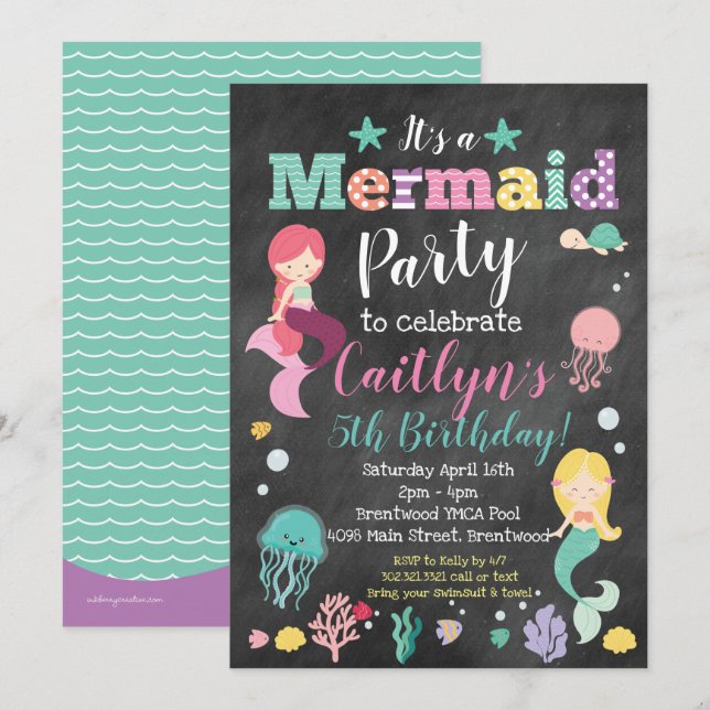Mermaid Under the Sea Birthday Party - Chalkboard Invitation (Front/Back)