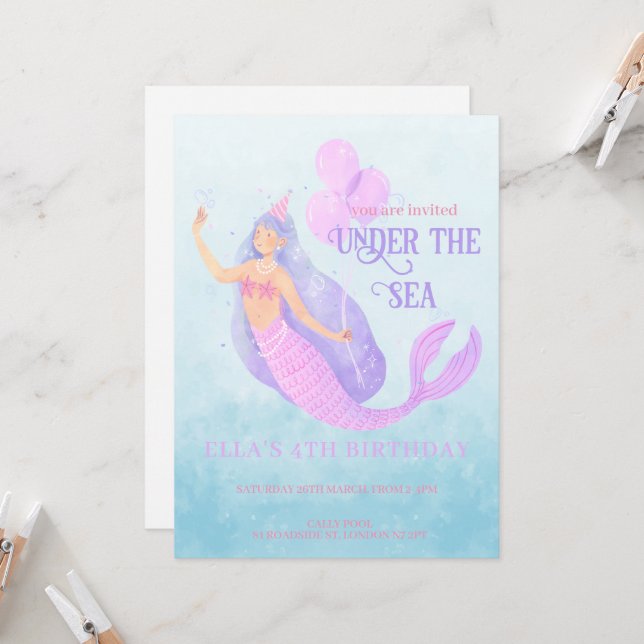 Mermaid Under the Sea Birthday Party Invitation (Front/Back In Situ)