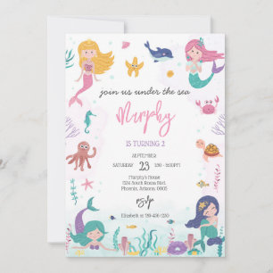 Mermaid Under the Sea Girl Birthday Party  Invitation