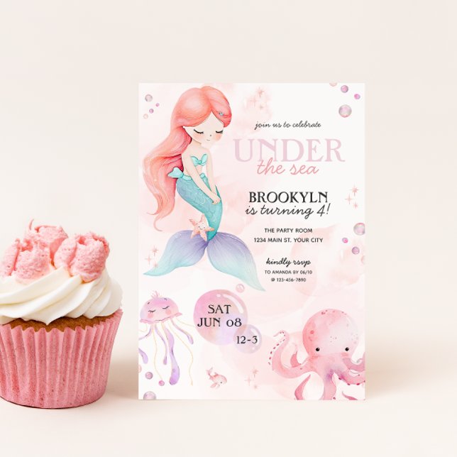 Mermaid Under The Sea Girls Birthday Party Invitation (Under The Sea Mermaid Girls Birthday Party Invite)