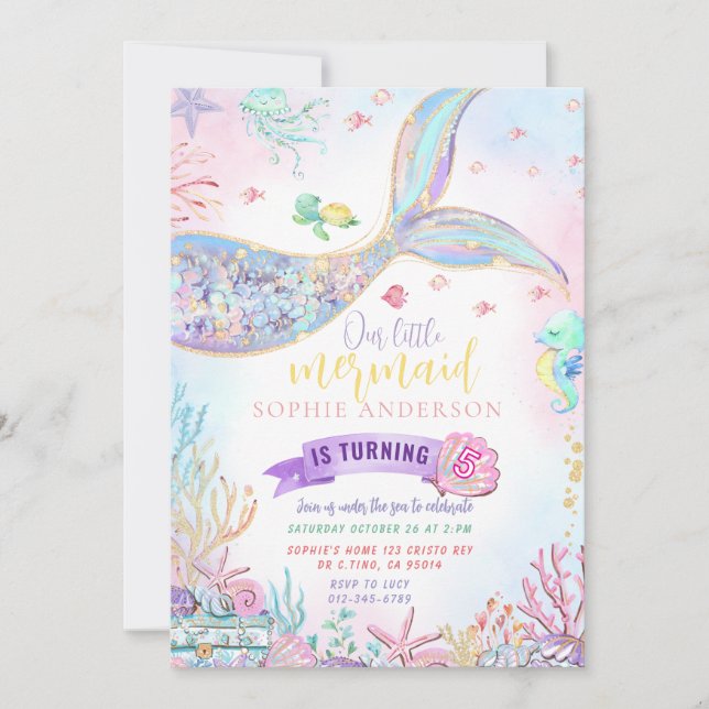 Mermaid Under the Sea Gold Glitter Birthday Invitation (Front)