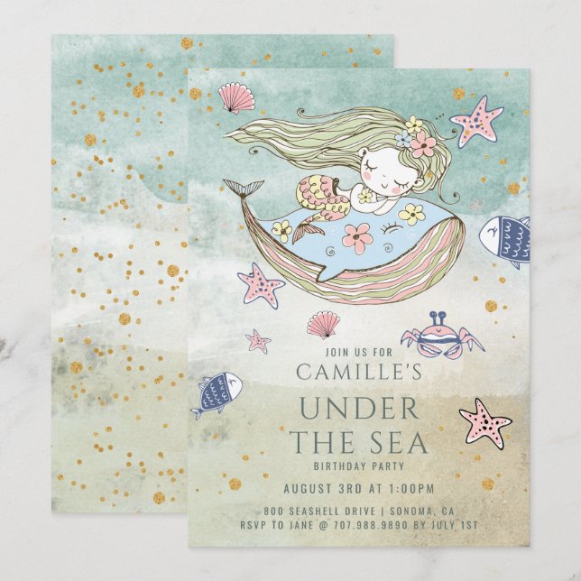 Mermaid Under The Sea Gold Glitter Birthday Party  Invitation (Front/Back)