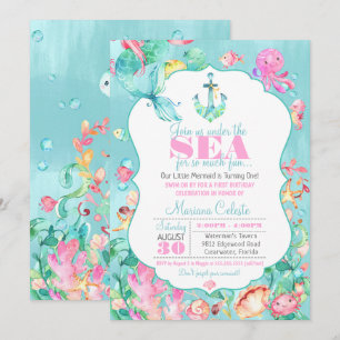 Mermaid Under the Sea Nautical First Birthday Invitation