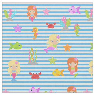 Mermaid Under The Sea on blue and white striped Fabric