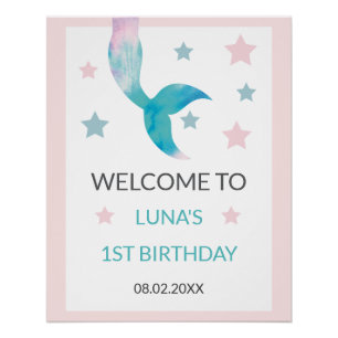 Mermaid Under the Sea Pastel Girl Welcome Birthday Poster