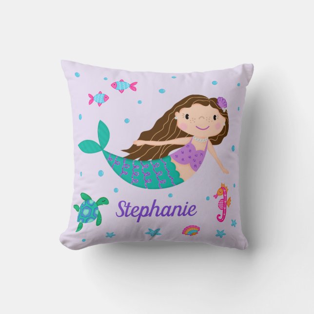 Mermaid Under The Sea Personalized Purple Throw Pillow (Front)