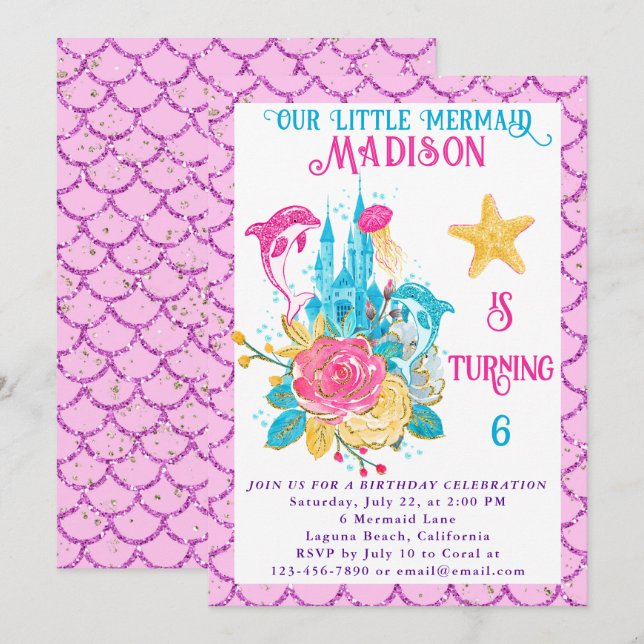 Mermaid Under the Sea Pink Glitter Birthday Party Invitation (Front/Back)