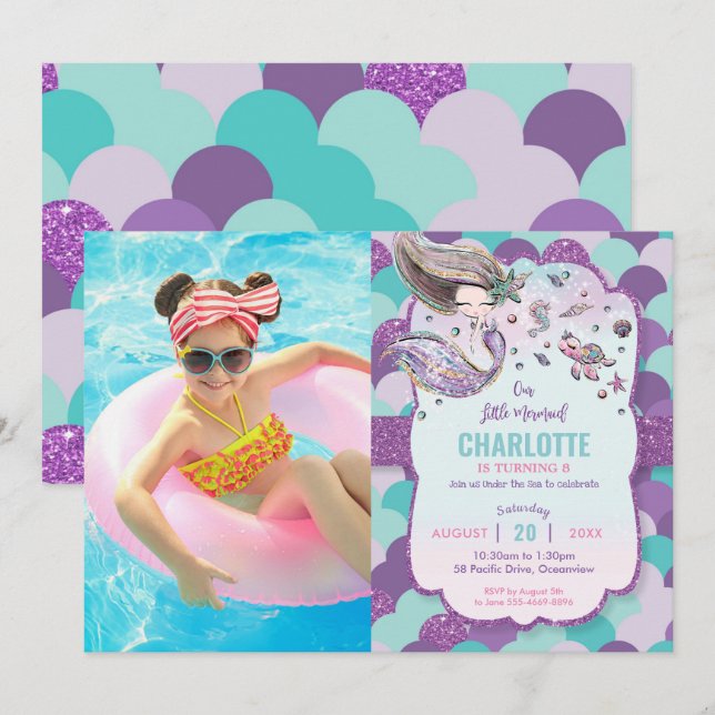 Mermaid Under the Sea Pool Birthday Party Photo Invitation (Front/Back)