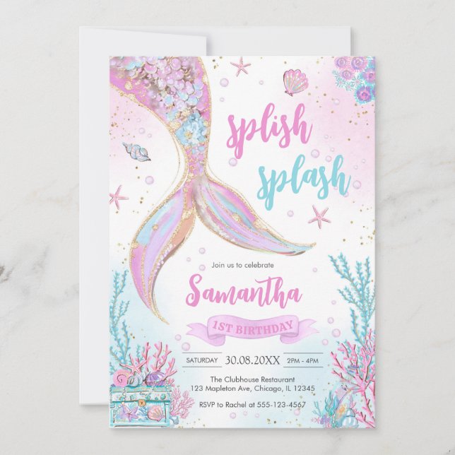 Mermaid Under the Sea Splish Splash Birthday Invitation (Front)