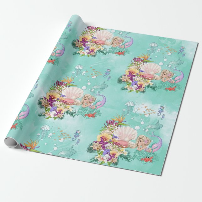 Mermaid Under the Sea Star Fish Seahorse Wrapping Paper (Unrolled)