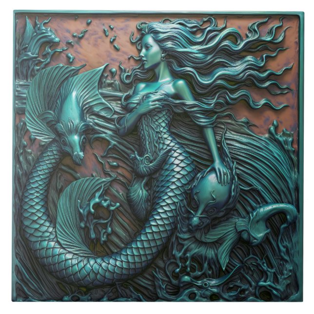 Mermaid Under The Sea Teal 3D Effect Marine Tile (Front)