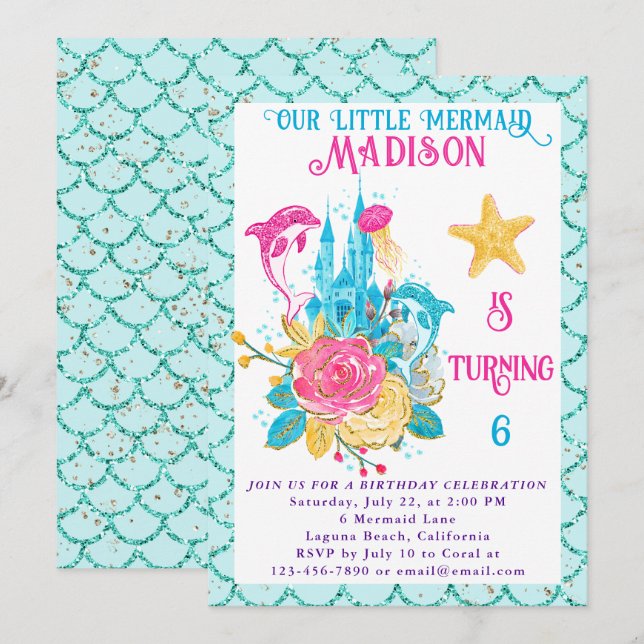 Mermaid Under the Sea Turquoise Glitter Birthday Invitation (Front/Back)
