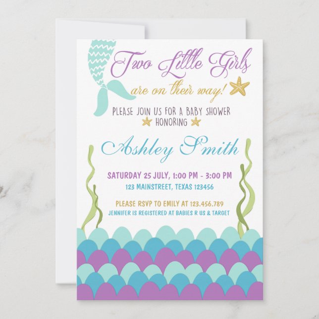 Mermaid Under The Sea Twins Baby Shower Invitation (Front)