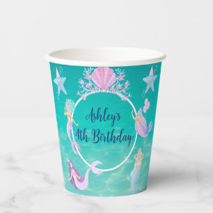 Mermaid under the sea watercolor ocean kids party paper cups