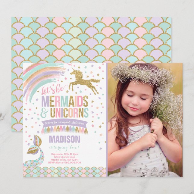 Mermaid & Unicorn Anniversaire Invitation Magie Pa (Devant / Derrière)