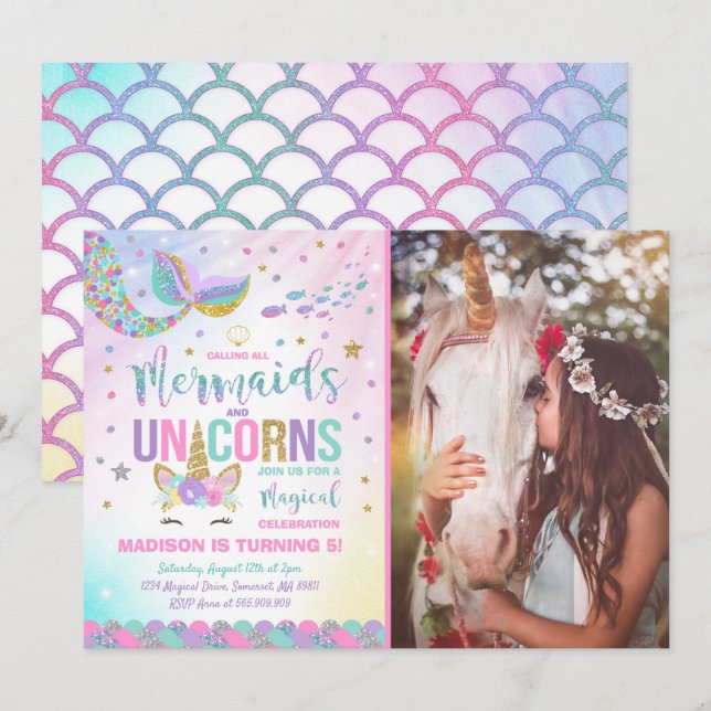 Mermaid & Unicorn Birthday Invitation Magic Party (Front/Back)