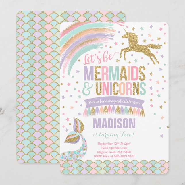 Mermaid & Unicorn Birthday Invitation Magic Party (Front/Back)