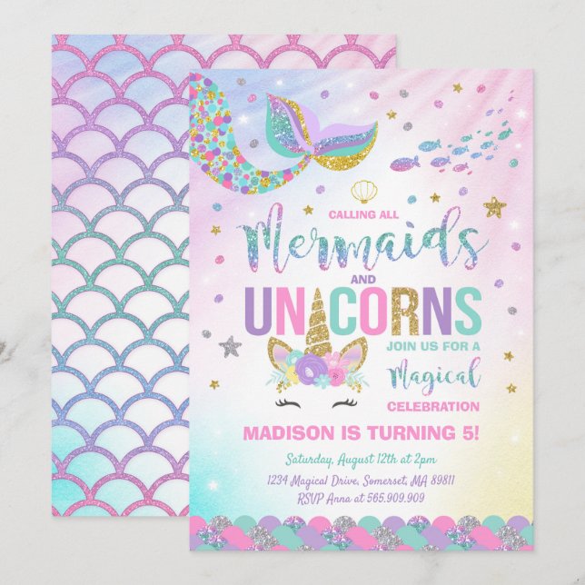 Mermaid & Unicorn Birthday Invitation Magic Party (Front/Back)