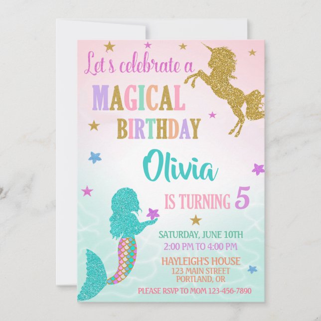 Mermaid Unicorn Birthday Invitation Magical party (Front)