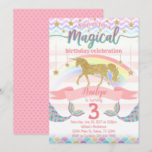 Mermaid Unicorn Birthday Party Invitation Invite