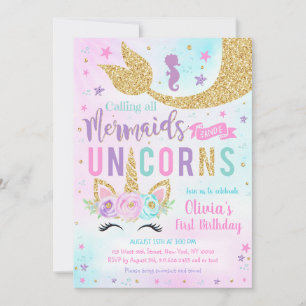 Mermaid Unicorn Girl Birthday Invitation